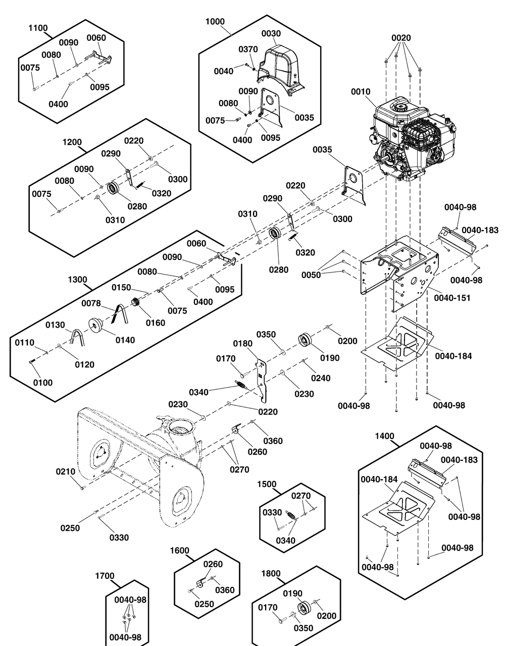 Engine And Frame Group Diagram and Parts List for 1696951-00-H1728E  Briggs and Stratton Snow Blower